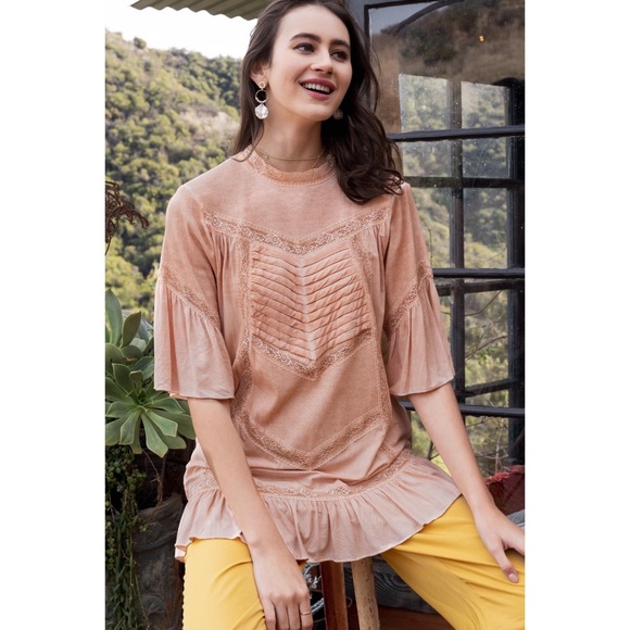 POL Light Coral Pleated & Ruffled Short Sleeve Tunic Top - Picture 3 of 8